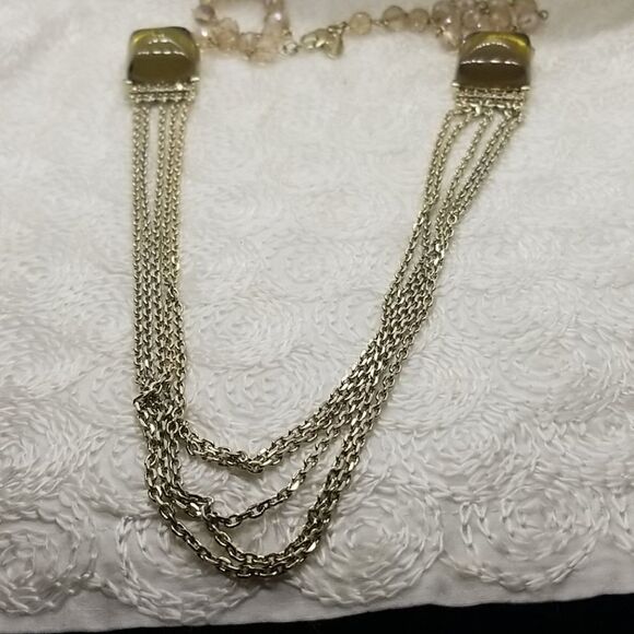 Ann Taylor Necklace Square Lucite Crystal Green Five Multiple Chains Gold - Picture 2 of 10